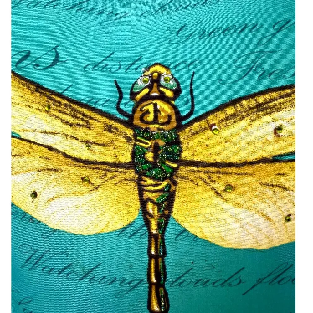 Dragonfly Decorative Throw Pillow 16x16 Teal Yellow Embellished Beaded Jeweled